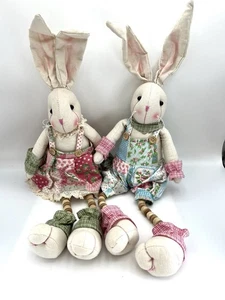 Easter Bunnies Shelf Sitters Set Of 2 Boy & Girl Beaded Dangling Legs Stuffed - Picture 1 of 9