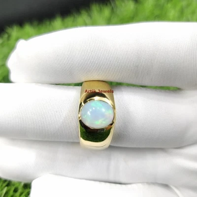 Piedra preciosa de ópalo natural con anillo de plata enchapado en oro de 14K para hombre #1340 Foto 1 de 4