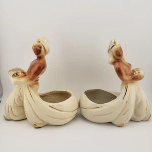 Pair Of Genie Harem Planters Arabian Lady Man Joan Lee Ceramic Vintage 1950s USA - Picture 1 of 16