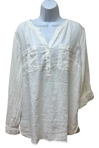Talbots White Linen Blouse Tunic Roll Tab Sleeve Size XL NEW - Picture 1 of 11