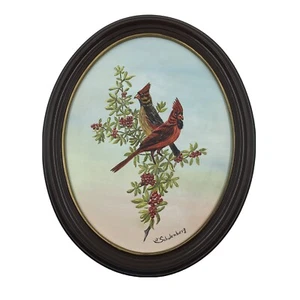 Kardinäle thronend Gemälde Vögel signiert auf Leinwand Holz gerahmt oval 16 x 13,5 - Bild 1 von 9
