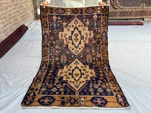 Vintage Afghan Rug 3'9x5'4 – Hand-Knotted Wool Tribal Geometric Medallion Carpet - Picture 1 of 10