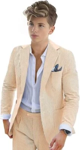 Boys Seersucker Suit 2 Piece Tuxedo for Boys Summer Beach Wedding Blazer Pants - Picture 1 of 29