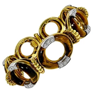 Vintage La Triomphe 18K Yellow Gold, Tigers-Eye and Diamond Bracelet - Picture 1 of 15