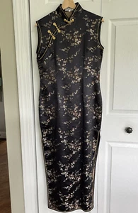 Women’s Cheongsam Sheath Dress Black Satin Brocade Sz 38 Floral Frog Closure Vtg - Picture 1 of 15