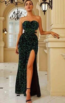 Vestido Formal Verde Esmeralda Lentejuelas Sin Tirantes Hasta el Muslo Talla M Foto 1 de 4