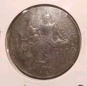 1914 France 10 Centimes Bronze Coin World Coin Beautiful!! - Picture 1 of 2