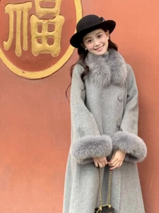 Winter Damen Jacke Neu Chinesischer Stil Fuchspelzärmel Lang Grau Wolle Pelzmantel   - Bild 1 von 13