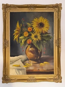 Large vintage 1960 oil painting on canvas Sunflowers framed signed - Picture 1 of 8