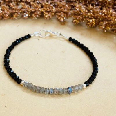 Natural Labradorite & Black Spinel 3-4MM Faceted Gemstone Beaded Bracelet 6-8" - Image 1 of 4