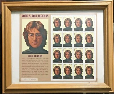 Vtg FRAMED John Lennon Stamps Sheet of 16 GUYANA Limited Edition Legends Beatles - Image 1 of 4