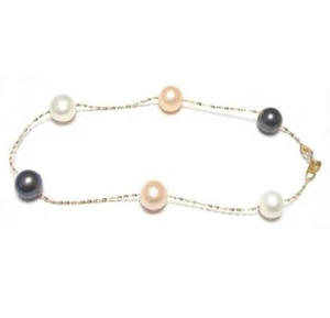 7" Genuine 6-7mm Multicolor Pearl 14K Yellow Gold Chain Bracelet - Picture 1 of 1