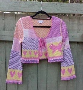 Asos Urban Revivo Crochet Cropped Cardigan Pinks Yellow Purple Size 8 XS - Picture 1 of 11