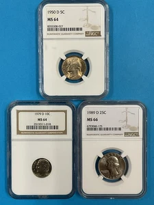 3-Coins 5c/10c/25c NGC MS64 1950D/1979D/1989D MS66 - Picture 1 of 7