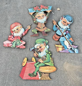 Juego De 4 Contrachapados Santas Elves De Colección Raro Orig. Arte de patrón de los años 50 U-Bild decoración de patio - Imagen 1 de 19
