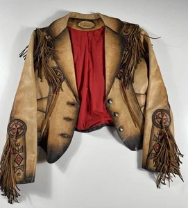 Vtg Wilderness Wayne Leather Fringe Jacket Sz 10 Western Hand Painted Beaded - Picture 1 of 15