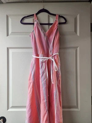 Vintage Pink White Stripe Sun Dress  Cotton Dash About Sz 14 1970s Pockets  - Image 1 of 4