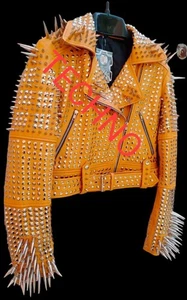 Hombres/Mujeres Amarillo Punk Larga Plateada con Picos Tachonados Brando Cuero Chaqueta/Moda - Imagen 1 de 6