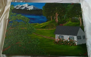 Vintage Oil Painting On Canvas Signed Unframed House and Trees/Mnts. 16"x20" - Picture 1 of 3
