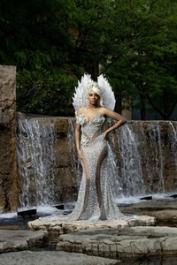 Glamorous silver beaded maxi gown with sheer body and train #GlamGown - Picture 1 of 4