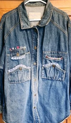 SERGIO VALENTE Camisa Denim Chaqueta Para Mujer L Grande Volantes Abotonados Jean Retro Foto 1 de 4