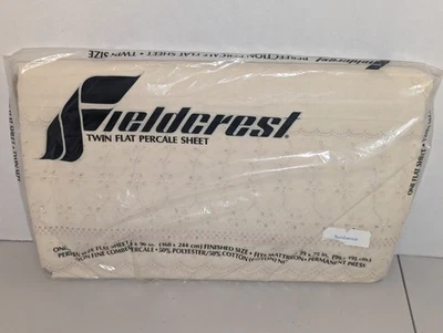 NOS Fieldcrest Trousseau Collection Percale Beige Twin Flat Sheet Eyelet Lace  - Image 1 of 4