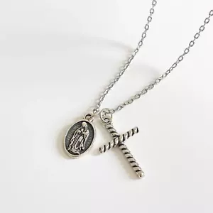 Antique Cross Mary Pendant Necklace - 925 Sterling Silver Handmade - Picture 1 of 5