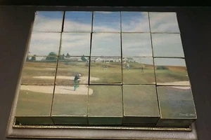 UNIQUE DONALD MOSS WOOD CUBE PUZZLE WITH VARYING GOLF SCENES - Picture 1 of 12