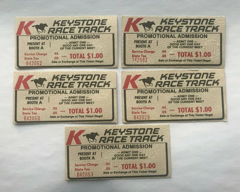 Keystone Race Track Admission Ticket Group of 5 Cardboard Numbered Cover