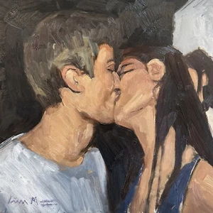 Original Impressionisten Figuren Gemälde männlich weiblich Kuss signiert Liam Matthew - Bild 1 von 5