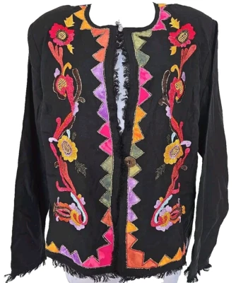 Indigo Moon Woman XL Boho Black Cotton/Linen Blazer Jacket Lined Embroidered - Image 1 of 3