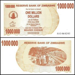 Simbabwe 1 Million (1.000.000) Dollar 2008 UNC AA, BEARER CHEQUE ISSUE,LOGO OF T - Bild 1 von 1