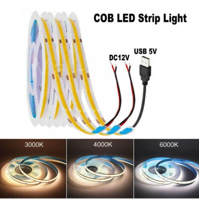 High Density 5V 12V COB LED Strip Light Flexible Tape Rope Cabinet Kitchen Light