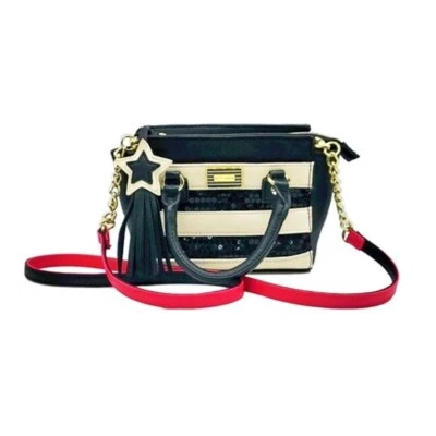 Mini Cartera Bandolera Betsey Johnson Negra Lentejuelas y Marfil Rayas Dijes Viaje Foto 1 de 4