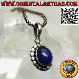 Ciondolo in argento 925‰ lapislazzulo ovale contornato da borchie lisce piatte - Foto 1 di 5