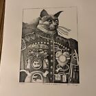 Dennis Corrigan "Cat with a heart on" lithograph  Cat Art  STEAMPUNK