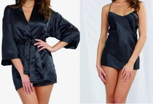 Dreamgirl Negro Satén Slip & Bata Set 1X 2X 18 - 20 Vestido de Noche y Envolvente Ropa de Dormir - Imagen 1 de 8