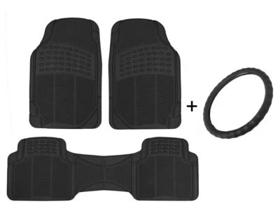 Leather Steering Wheel Cover + All Weather Floor Mats Set - Universal Size - Image 1 of 4