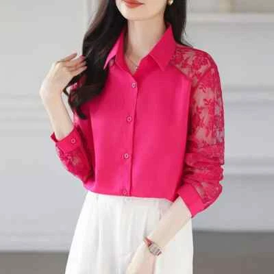 Camicia Maglia Blusa Donna Camicetta Raso Maniche Rosa Fluo Pizzo 33179 - Immagine 1 di 3