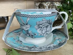 222 Fifth Adelaide Blue & Gray Fine China 12 Oz Cup And Saucer Set - Picture 1 of 6