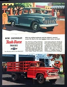 1955 Chevrolet 3100 Pickup & Stake Truck art "New Task Force" vintage print ad