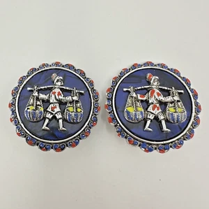 Vintage West Germany Enamel & Resin High Relief Basket Carrier Portrait Earrings - Picture 1 of 7