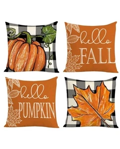 Set Of 4 Farmhouse Plaid Fall Harvest 18X18 Throw Pillow Covers - Picture 1 of 8