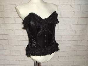 BLACK SATIN LACE TRIM HOURGLASS VICTORIAN STEEL CORSET 30 IN WAIST 12 TO 14 - Foto 1 di 9