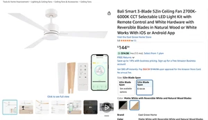 Bali Smart 52in 3-Blade Ceiling Fan with CCT LED Light & Remote, White - Picture 1 of 10
