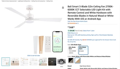 Bali Smart 52in 3-Blade Ceiling Fan with CCT LED Light & Remote, White - Image 1 of 4