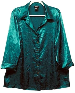 R.Q.T 2X camicia top blu satinato bottoni colletto manica lunga - Foto 1 di 6