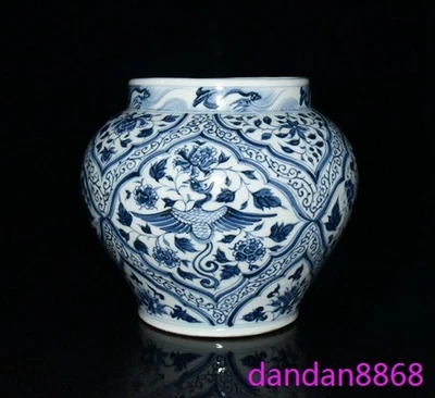 10.2" Yuan Dinastía Azul y Blanco Porcelana Phoenix Zun Crock Tanque Olla Tarro Estatua Foto 1 de 4