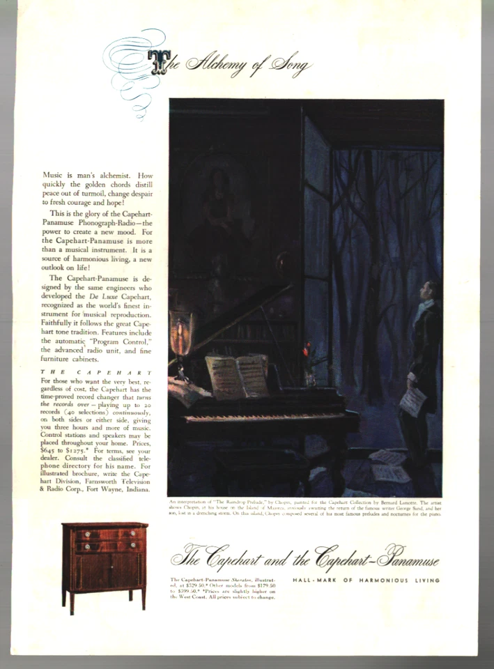 1940's Capehart Panamuse toca-discos anúncio Segunda Guerra Mundial "The Alchemy of SONG" - Imagem 1 de 1