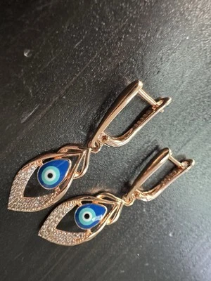 Aretes colgantes 585 de oro rosa estampados mal de ojo azul declaración Foto 1 de 4